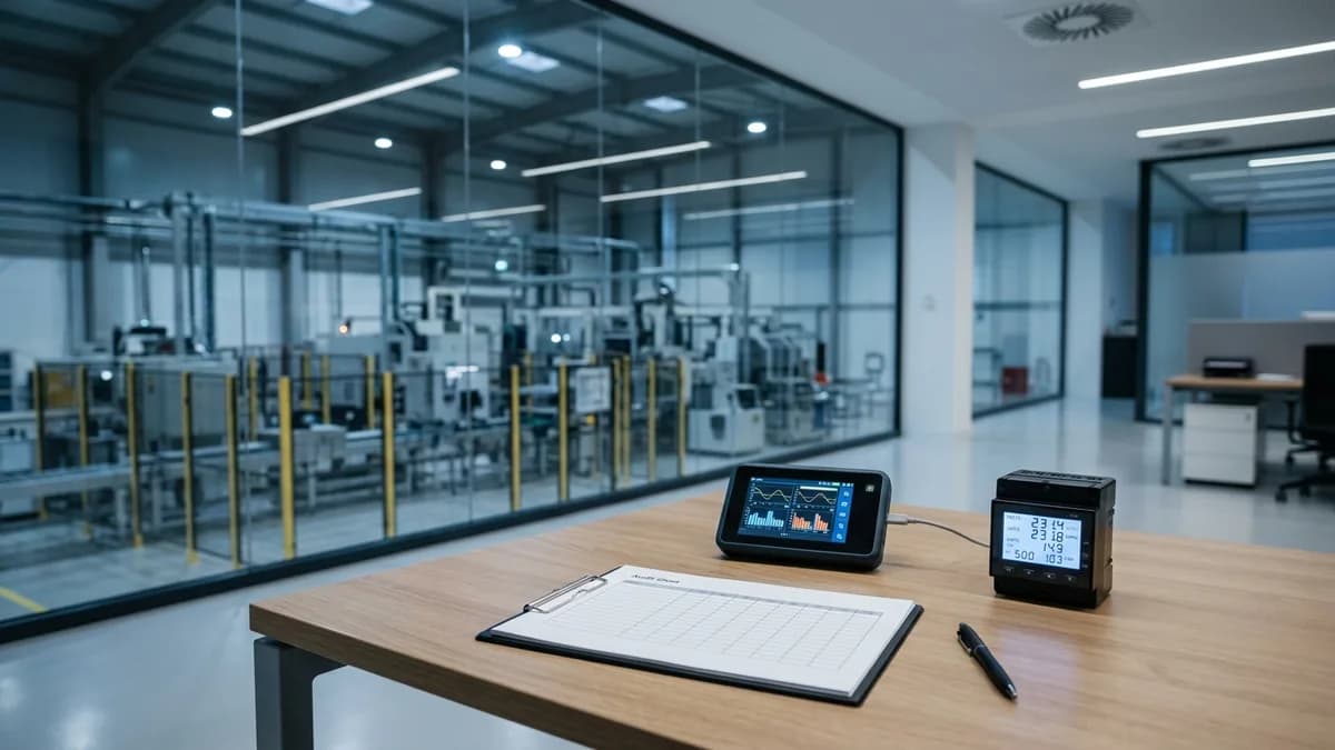 Documentos de facturación eléctrica y un medidor trifásico sobre un escritorio