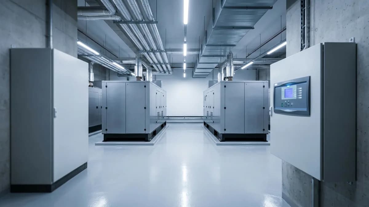 Sala de generadores de emergencia con tablero de transferencia automática en una planta industrial