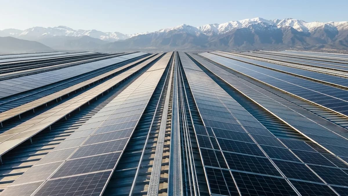 Cubierta industrial con paneles solares fotovoltaicos y la cordillera andina al fondo
