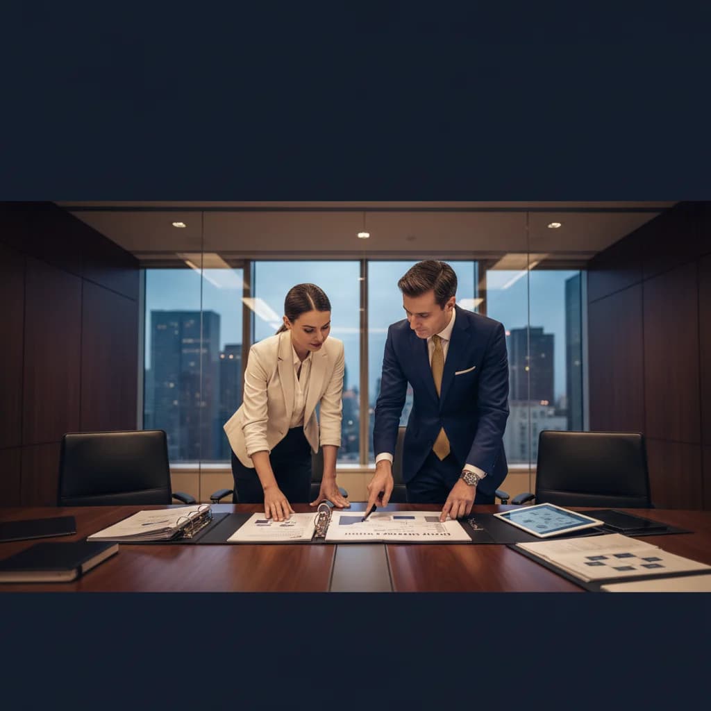Comité de gerencia evaluando la matriz de riesgos empresariales por probabilidad e impacto.