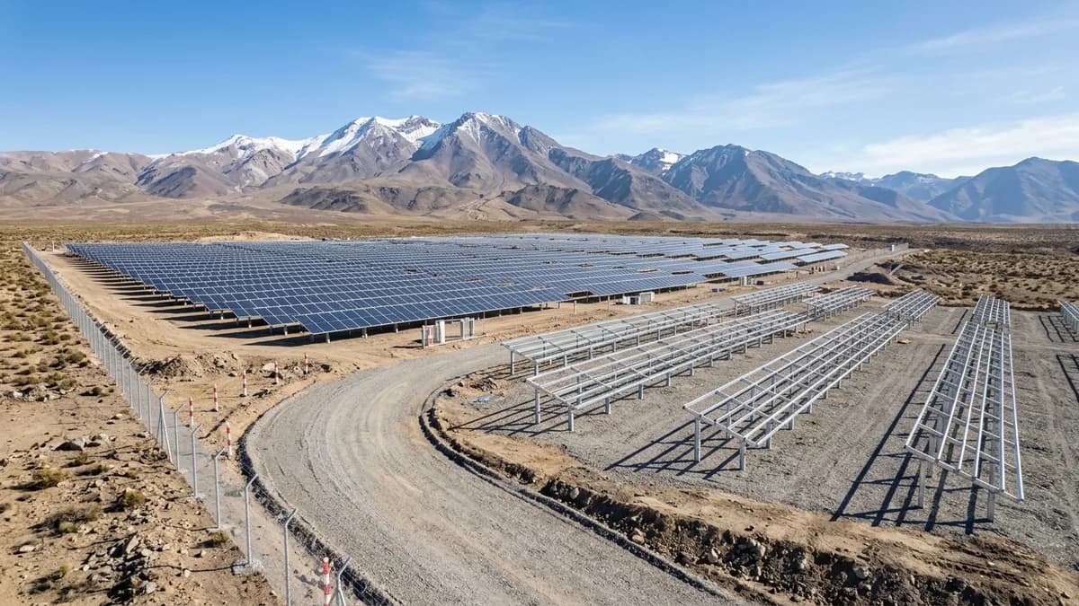 Parque solar fotovoltaico en construcción en un terreno andino