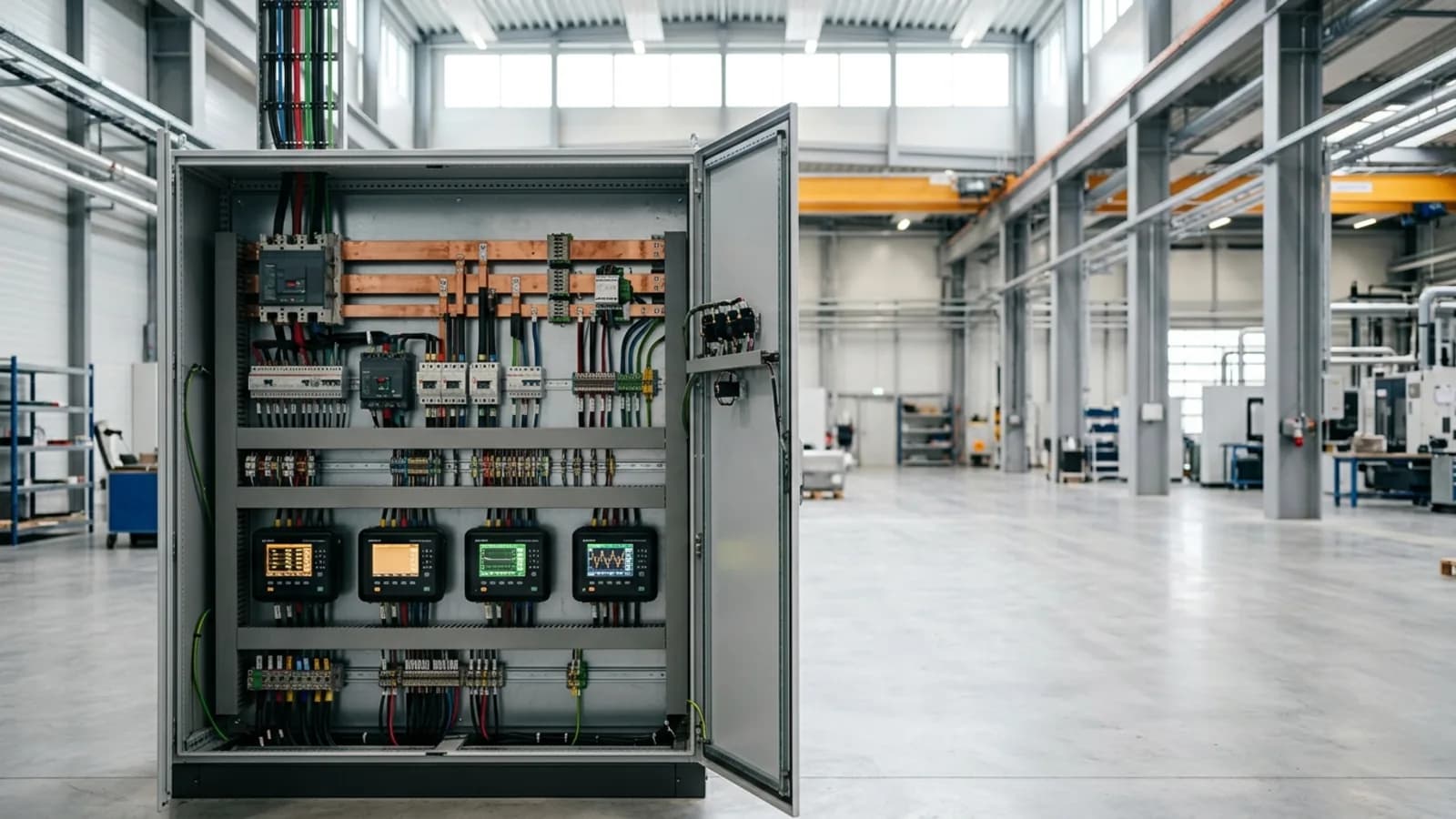 Tablero eléctrico con analizadores de energía en una planta industrial en Ecuador