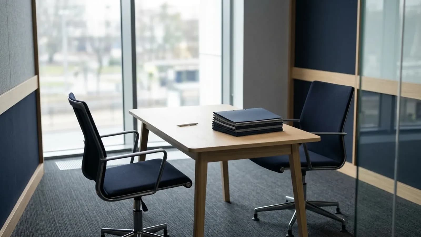 Sala de entrevistas con carpetas de hojas de vida sobre la mesa: selección y talento humano en Ecuador