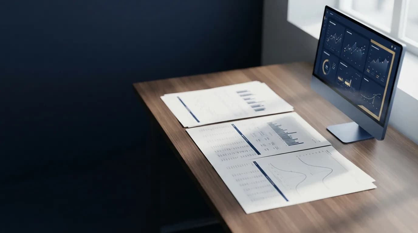 Hojas de un informe estadístico con gráficos de rangos salariales y una curva de distribución sobre un escritorio, junto a un monitor con un panel de datos