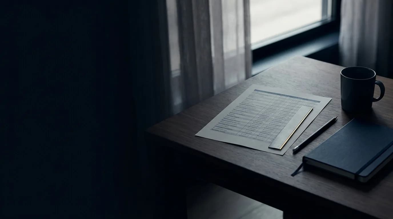 Escritorio con una tabla impresa de rangos salariales por cargo, una regla y un lápiz sobre las columnas de cifras, junto a una taza y una libreta cerrada