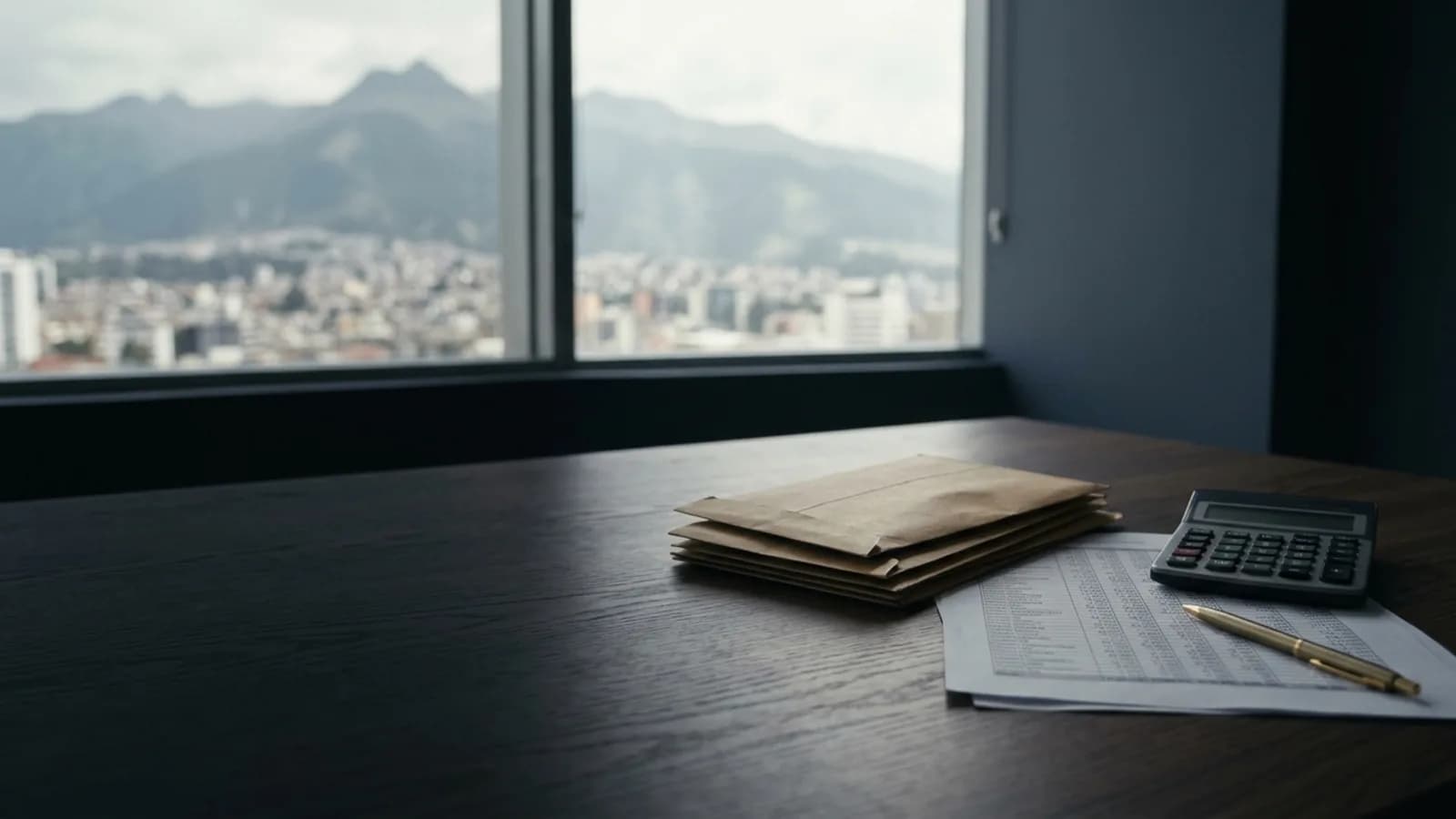 Escritorio de administración de nómina con sobres de pago cerrados, una planilla impresa y una calculadora junto a un ventanal