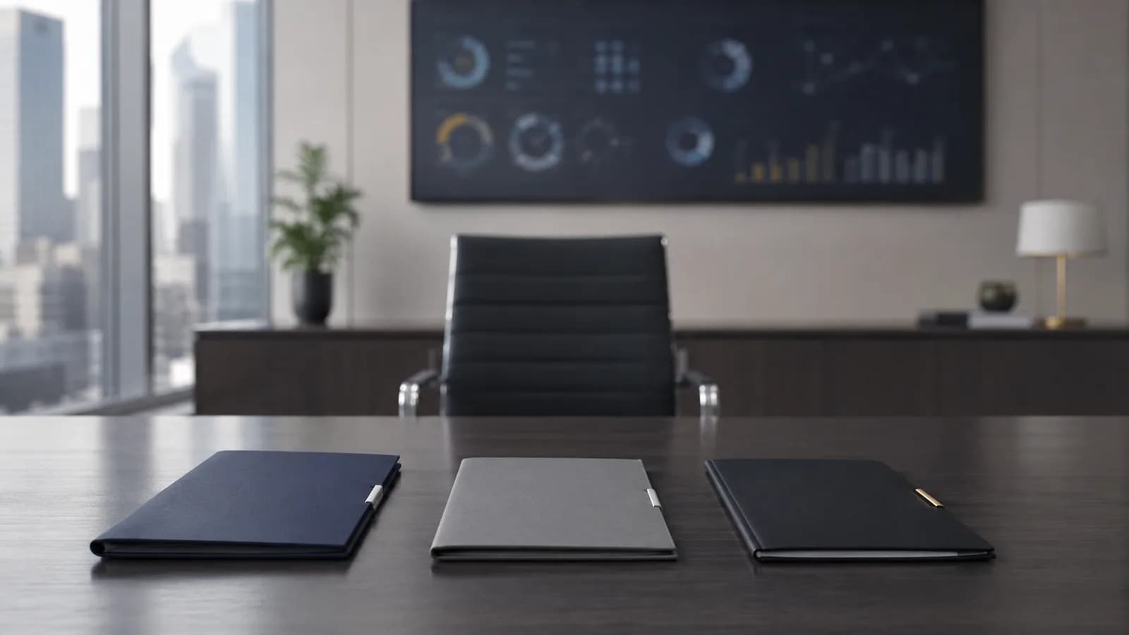 Sala de reuniones con una silla ejecutiva vacía frente a la mesa y, al fondo, un panel de indicadores encendido