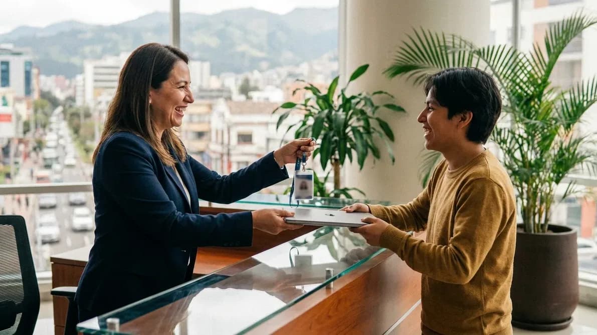 Responsable de talento humano entregando la credencial y el equipo a una persona que se incorpora, en la recepción de una oficina de Quito