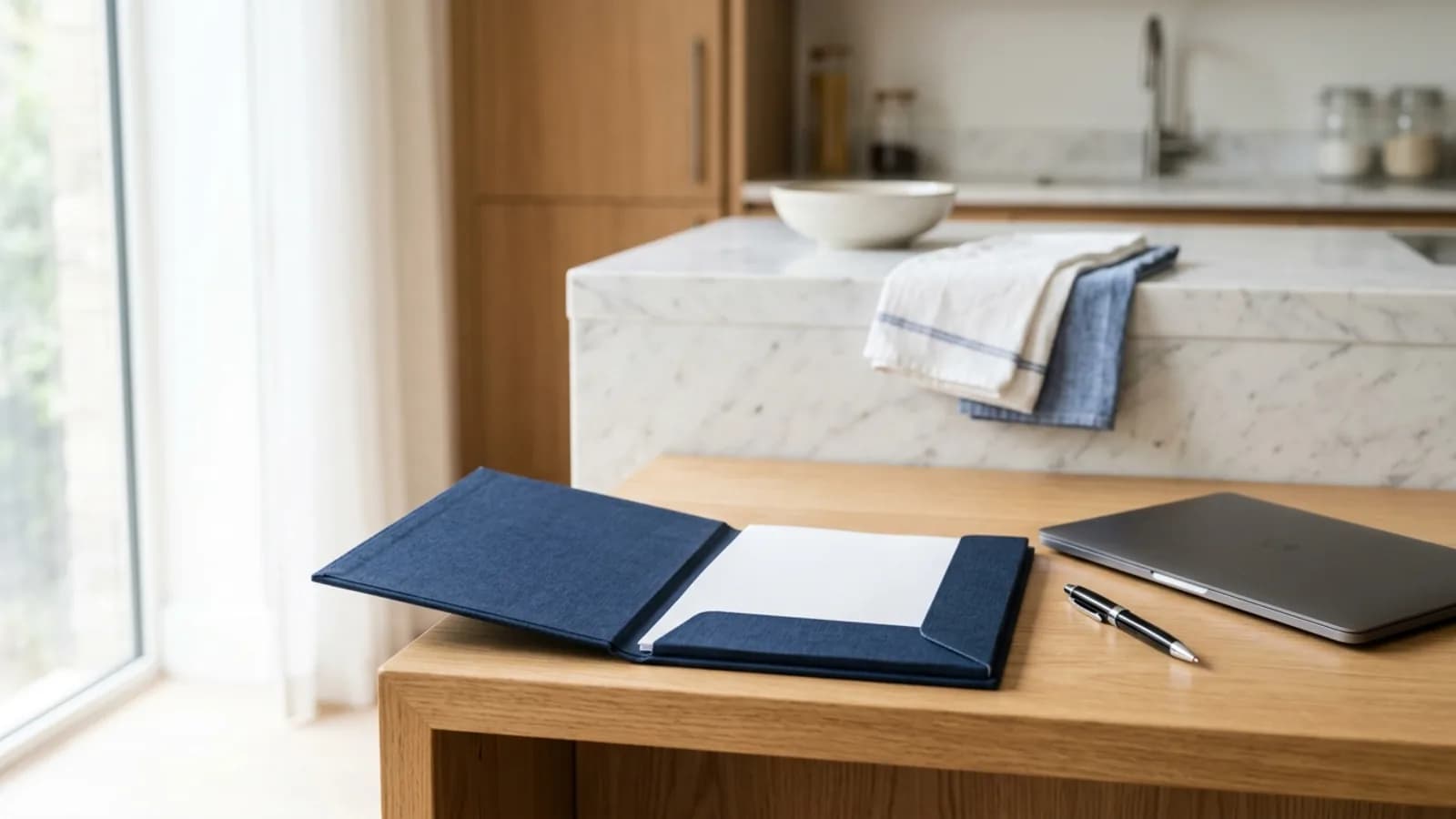 Carpeta de contratación y portátil sobre una mesa junto a una cocina doméstica moderna