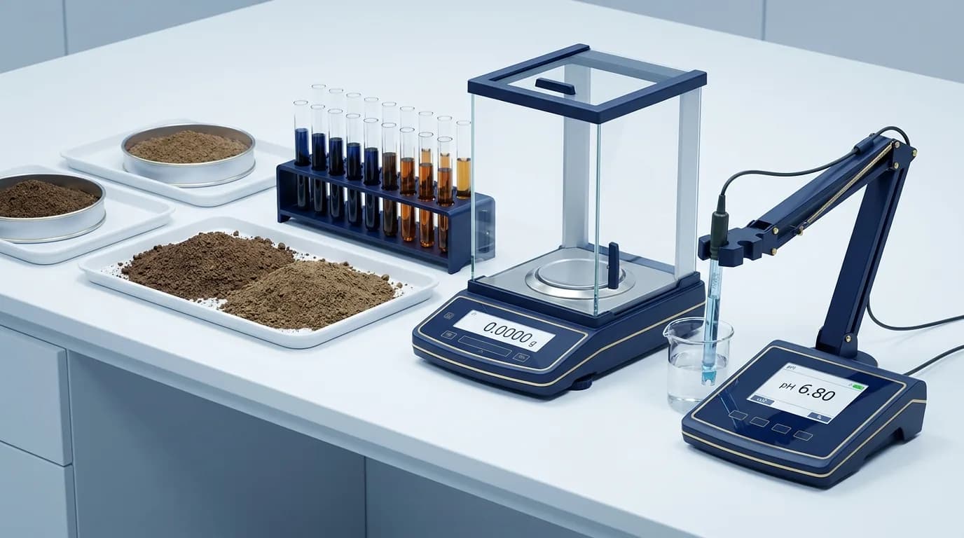Mesa de laboratorio de análisis de suelo en Ecuador con muestras de tierra tamizada, tubos de ensayo, balanza analítica y medidor de pH.