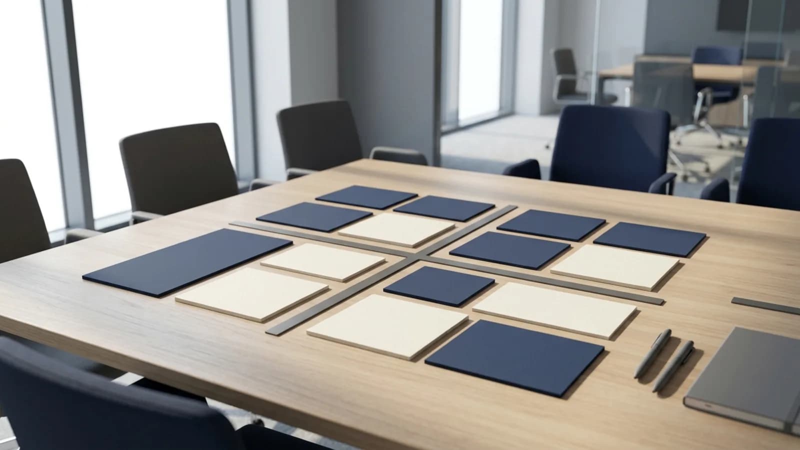 Matriz de cuatro cuadrantes con fichas navy y crema en una mesa: análisis FODA de una empresa en Ecuador