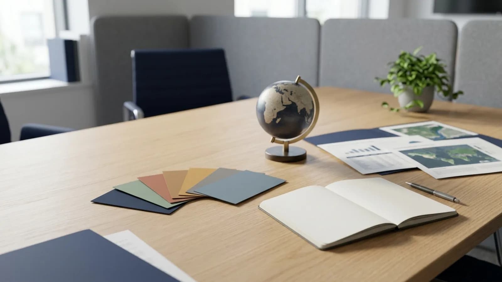 Fichas de colores en abanico, globo terráqueo y cuaderno abierto: análisis PESTEL de una empresa en Ecuador