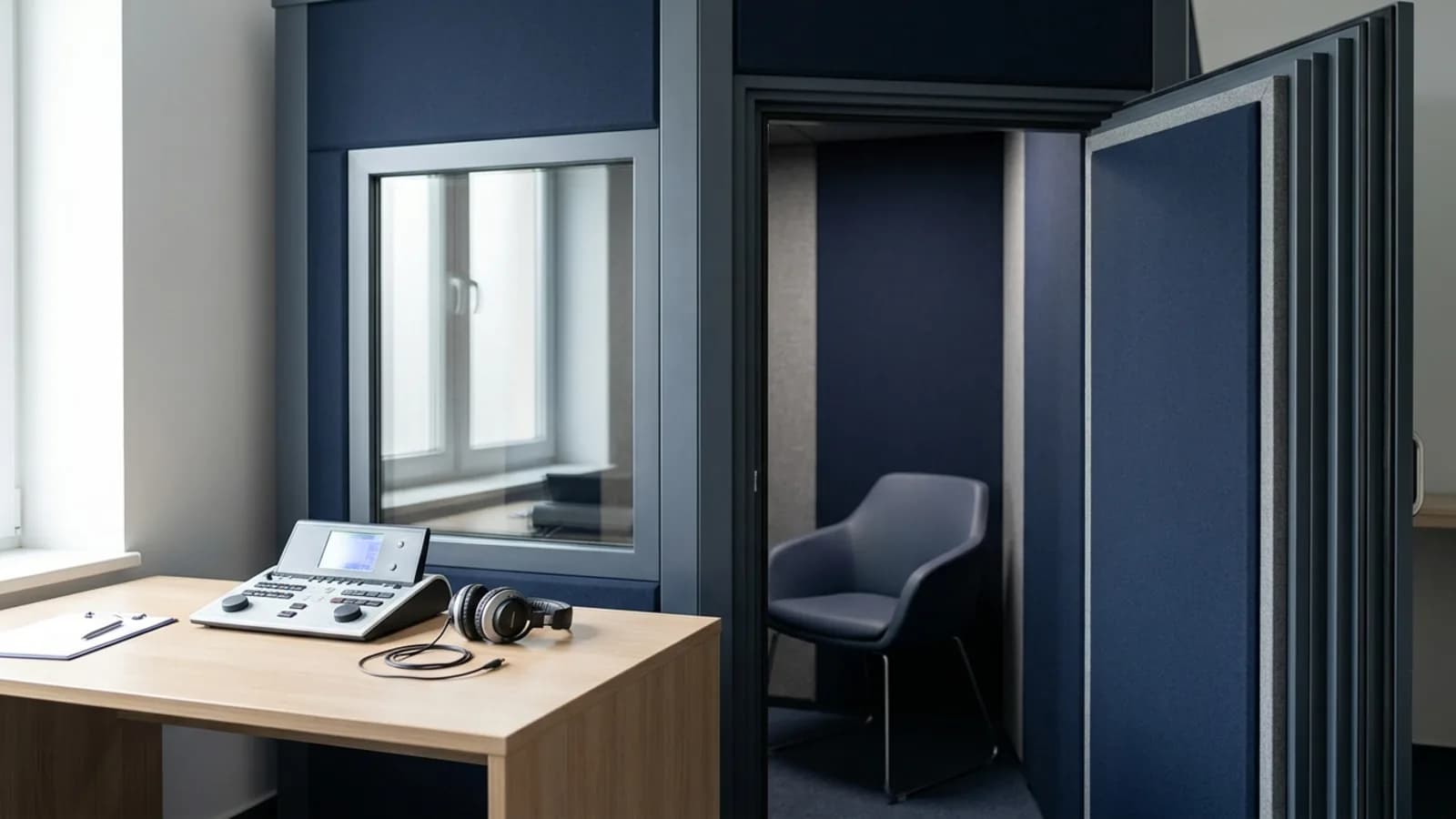 Cabina audiométrica con audiómetro y auriculares sobre la mesa: audiometría ocupacional en Ecuador