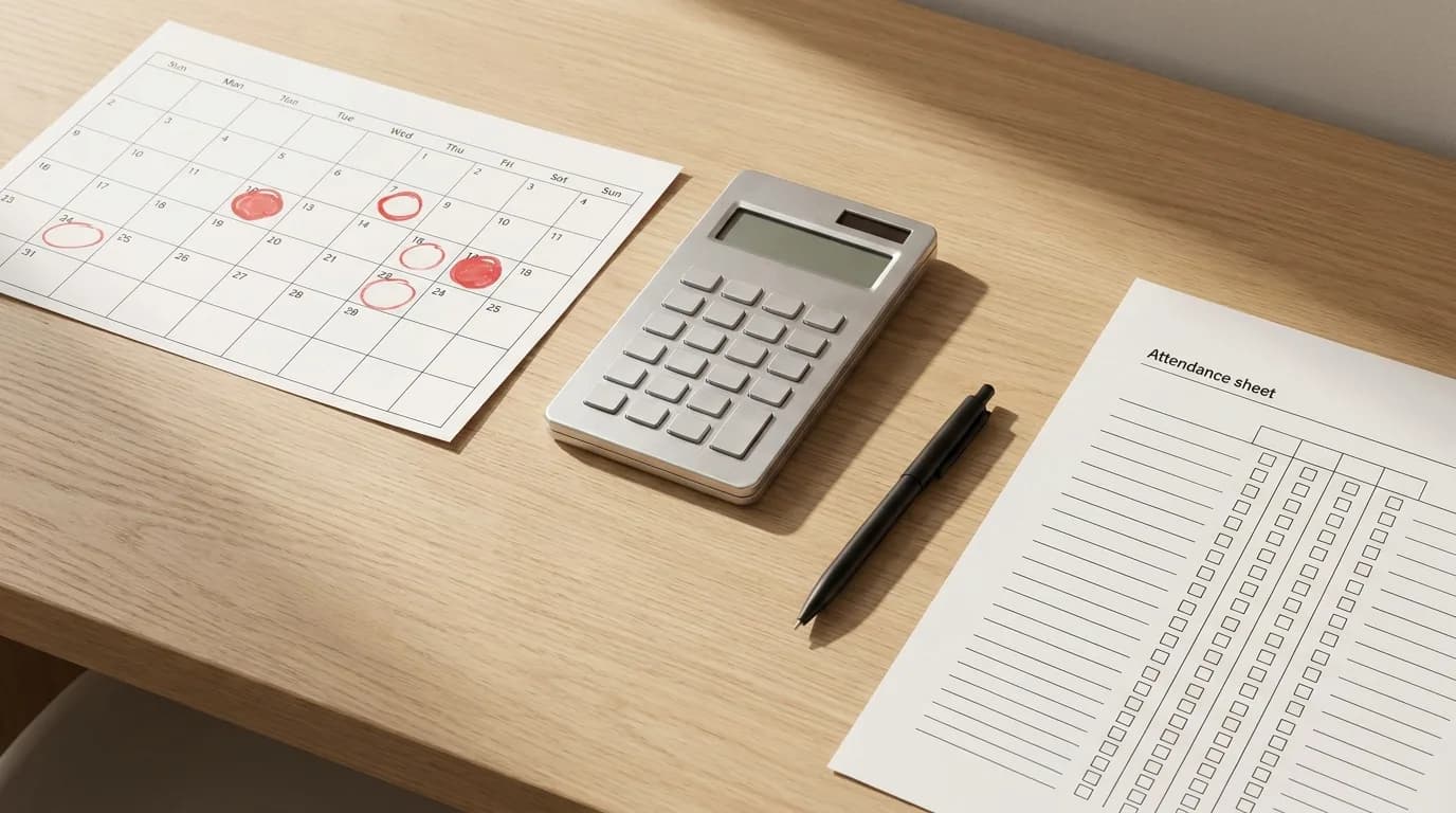 Calendario mensual con varias fechas marcadas en rojo junto a una calculadora y una hoja de registro de asistencia.