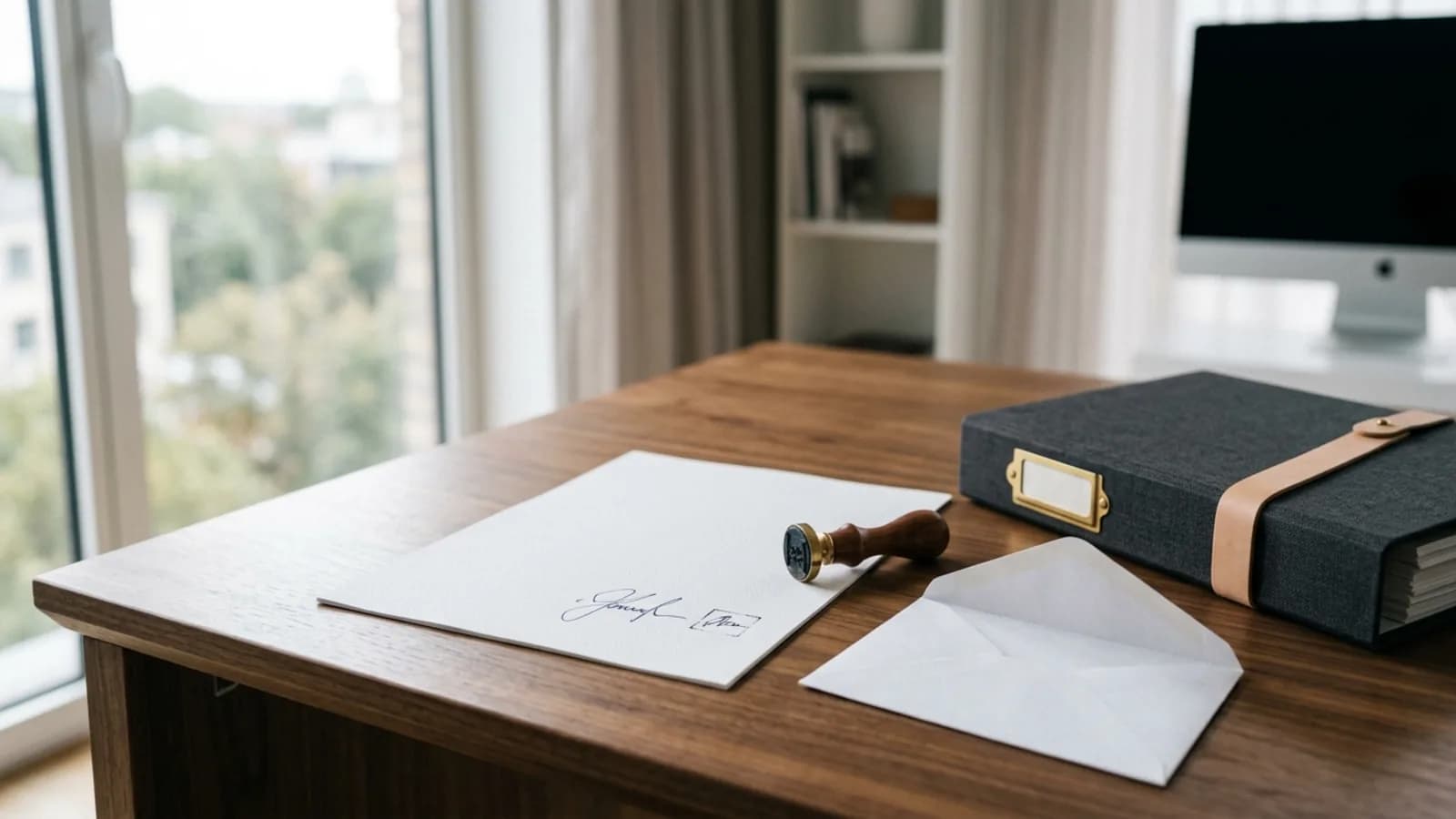 Carta de renuncia firmada sobre un escritorio junto a un sobre y una carpeta de archivo