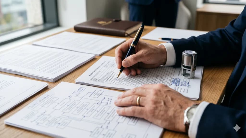 Directivo firmando y sellando la documentación de una certificación ISO