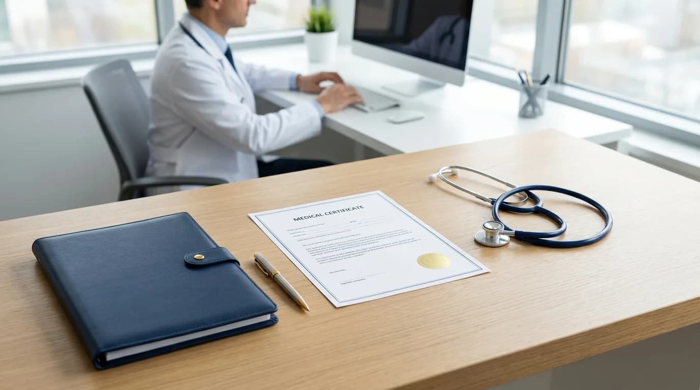 Certificado de salud ocupacional en Ecuador sobre el escritorio de un consultorio de empresa, junto al fonendoscopio y la carpeta del expediente de salud del trabajador