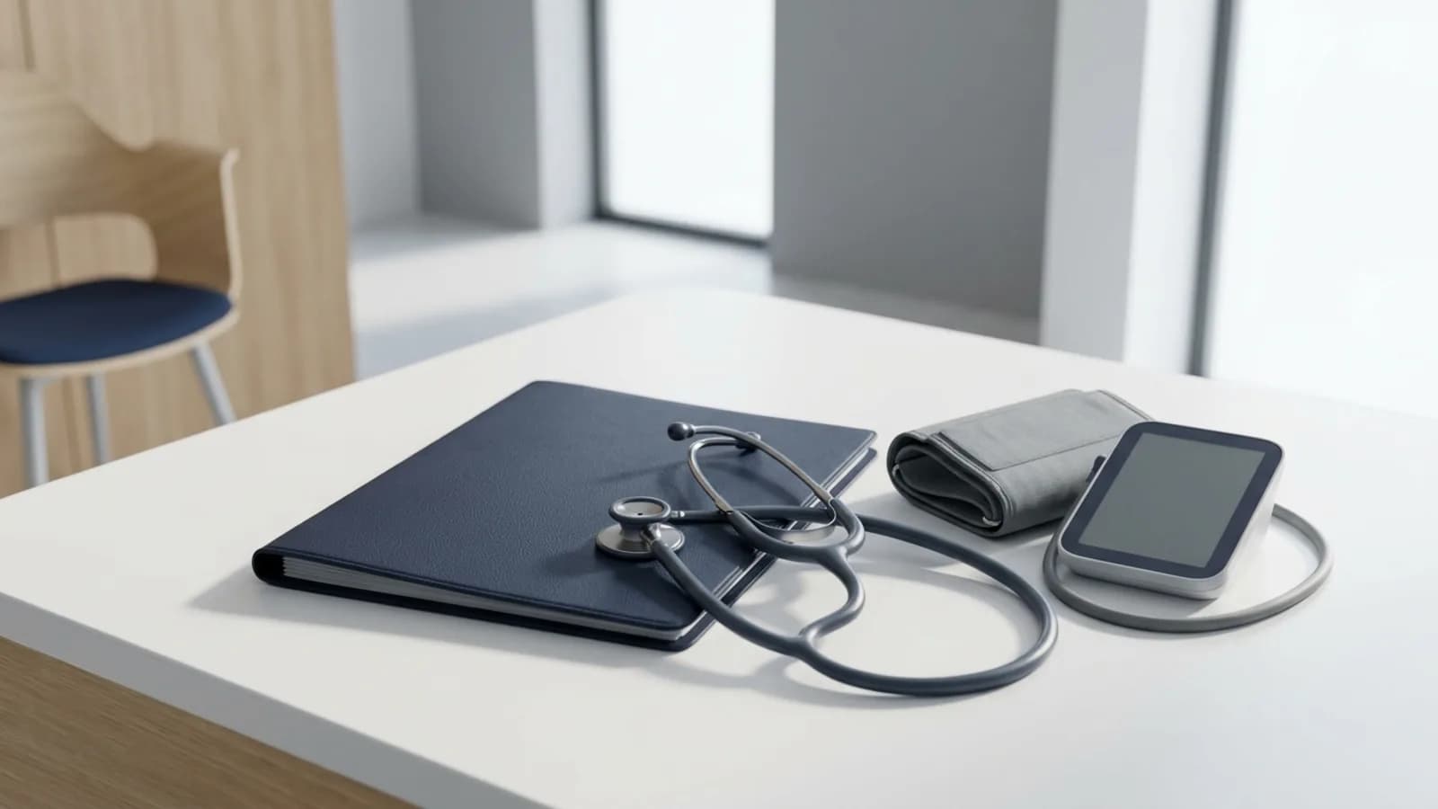 Carpeta médica, estetoscopio y tensiómetro en consulta vacía: certificado de salud para trabajar, Ecuador