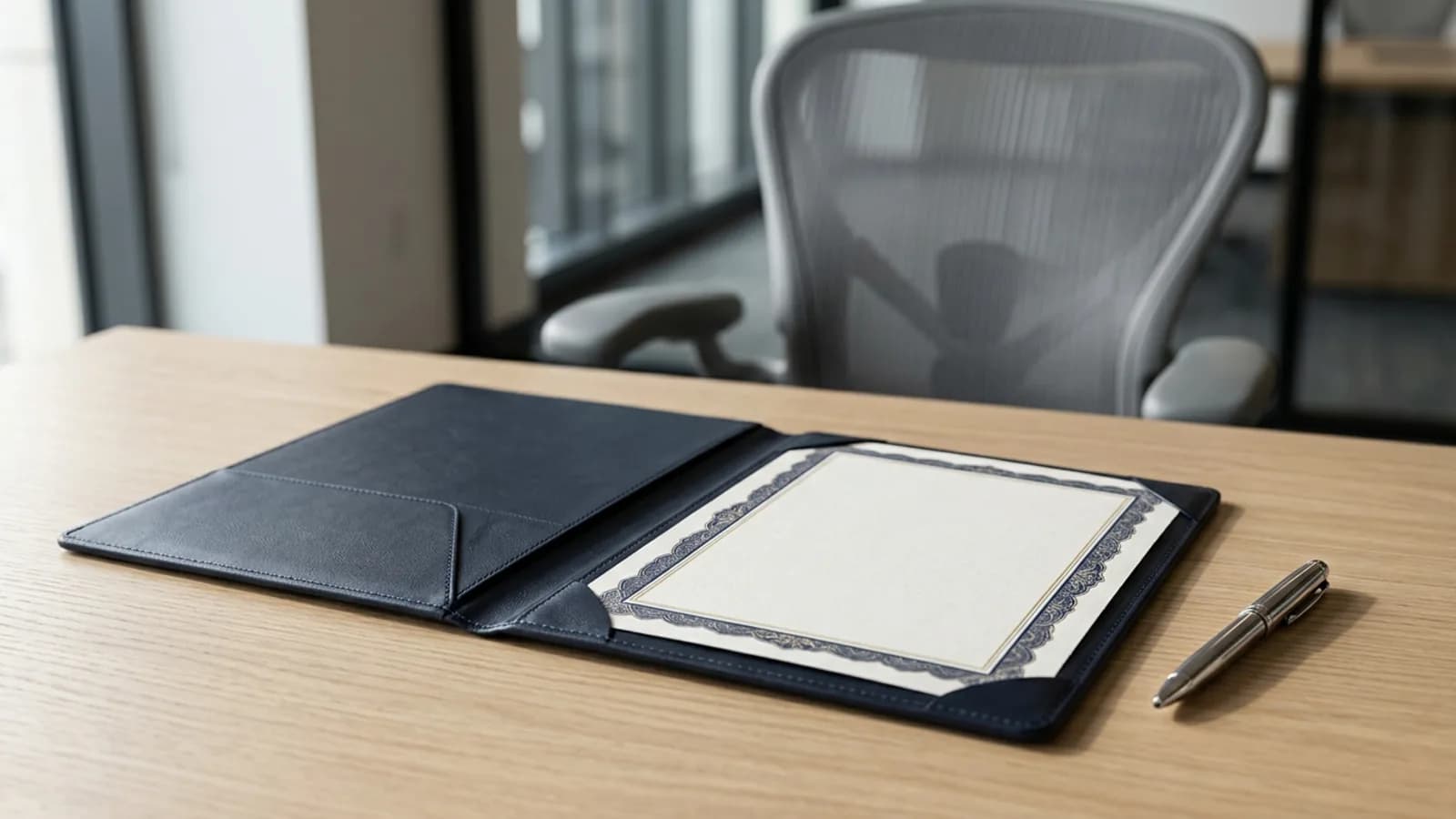 Hoja de constancia laboral en blanco dentro de un portafolio con bolígrafo: certificado de trabajo en Ecuador