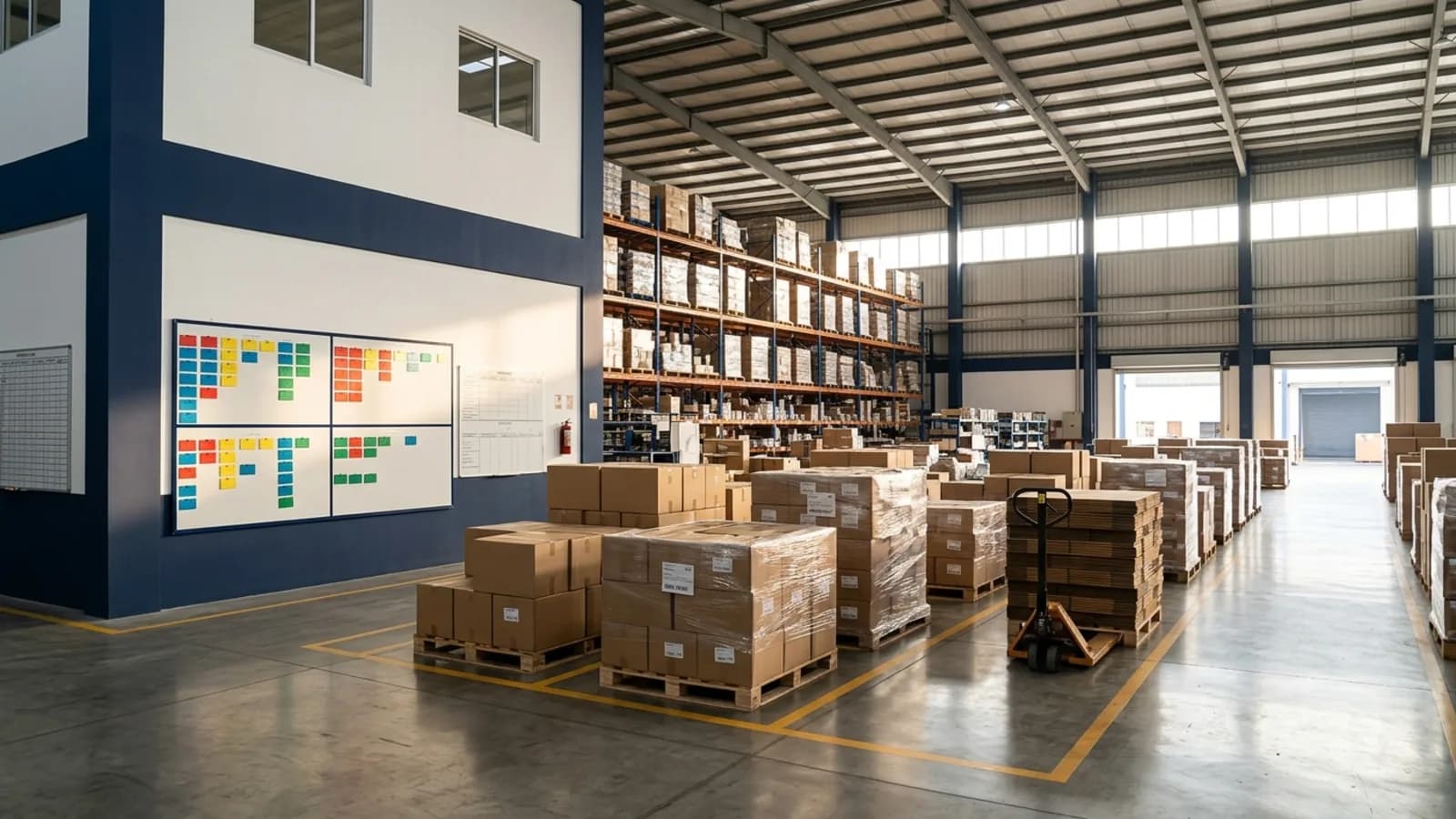 Bodega ordenada de una distribuidora con un tablero de gestión visual de cuatro cuadrantes: ciclo de Deming PDCA aplicado