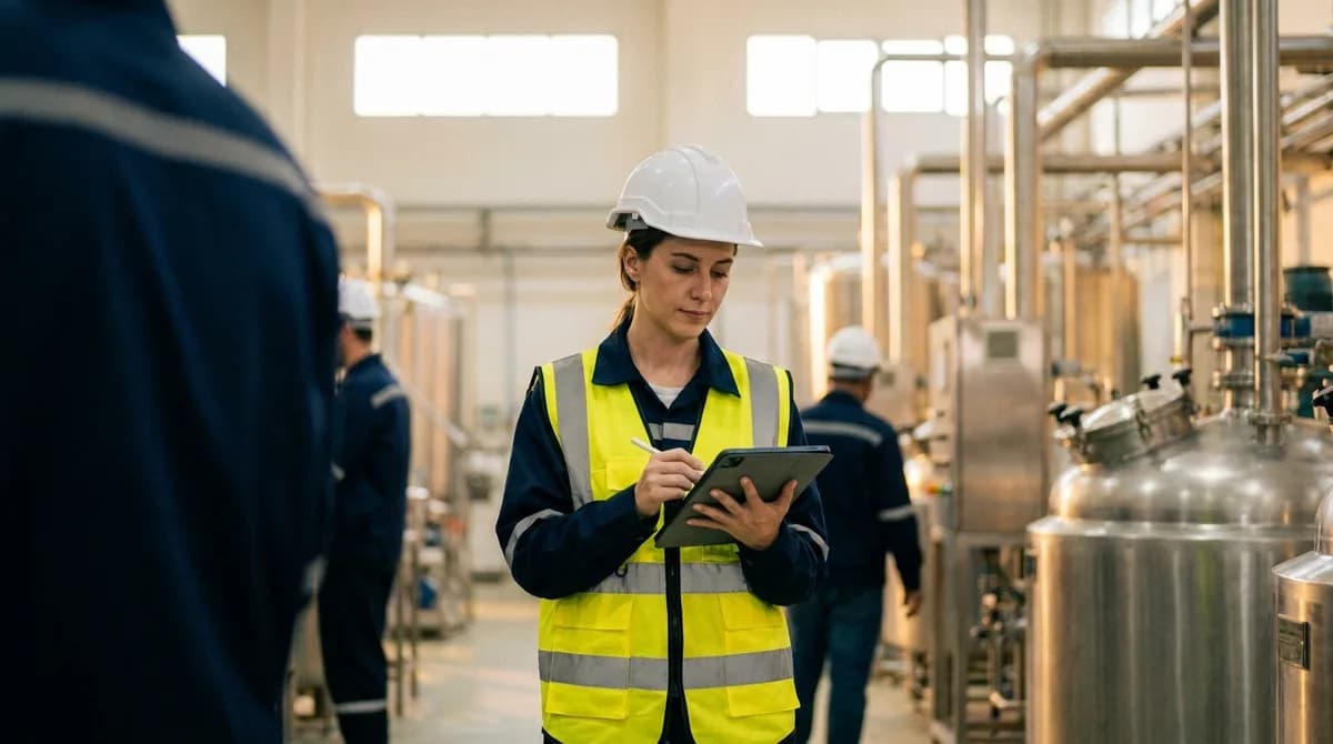 Técnico de seguridad revisa en tablet los registros del sistema de gestión mientras recorre la planta.