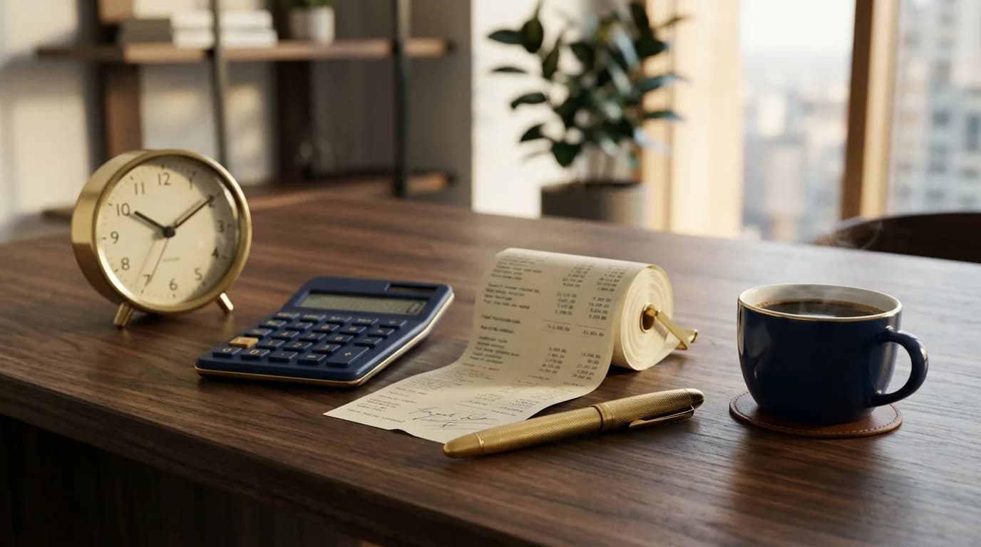 Reloj y calculadora sobre un rol de pagos en un escritorio de oficina en Ecuador.