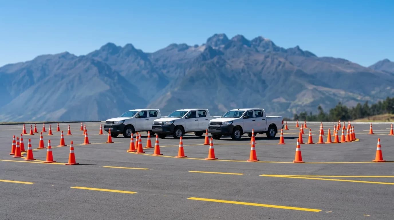 Tres camionetas doble cabina blancas y un circuito de conos naranjas en un patio de maniobras, con la cordillera andina al fondo en Ecuador.