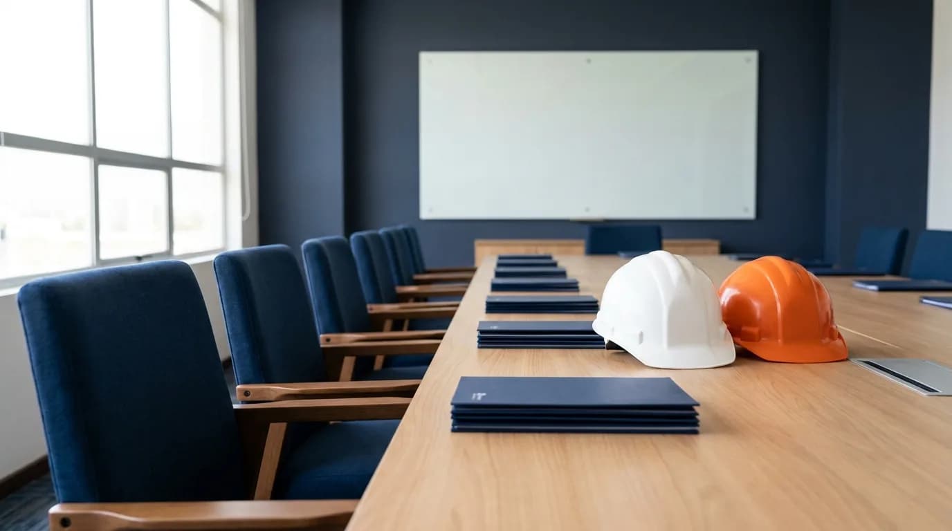 Sala de capacitación empresarial vacía en Ecuador con sillas azul marino, carpetas y cascos blanco y naranja sobre la mesa de madera frente a una pizarra.