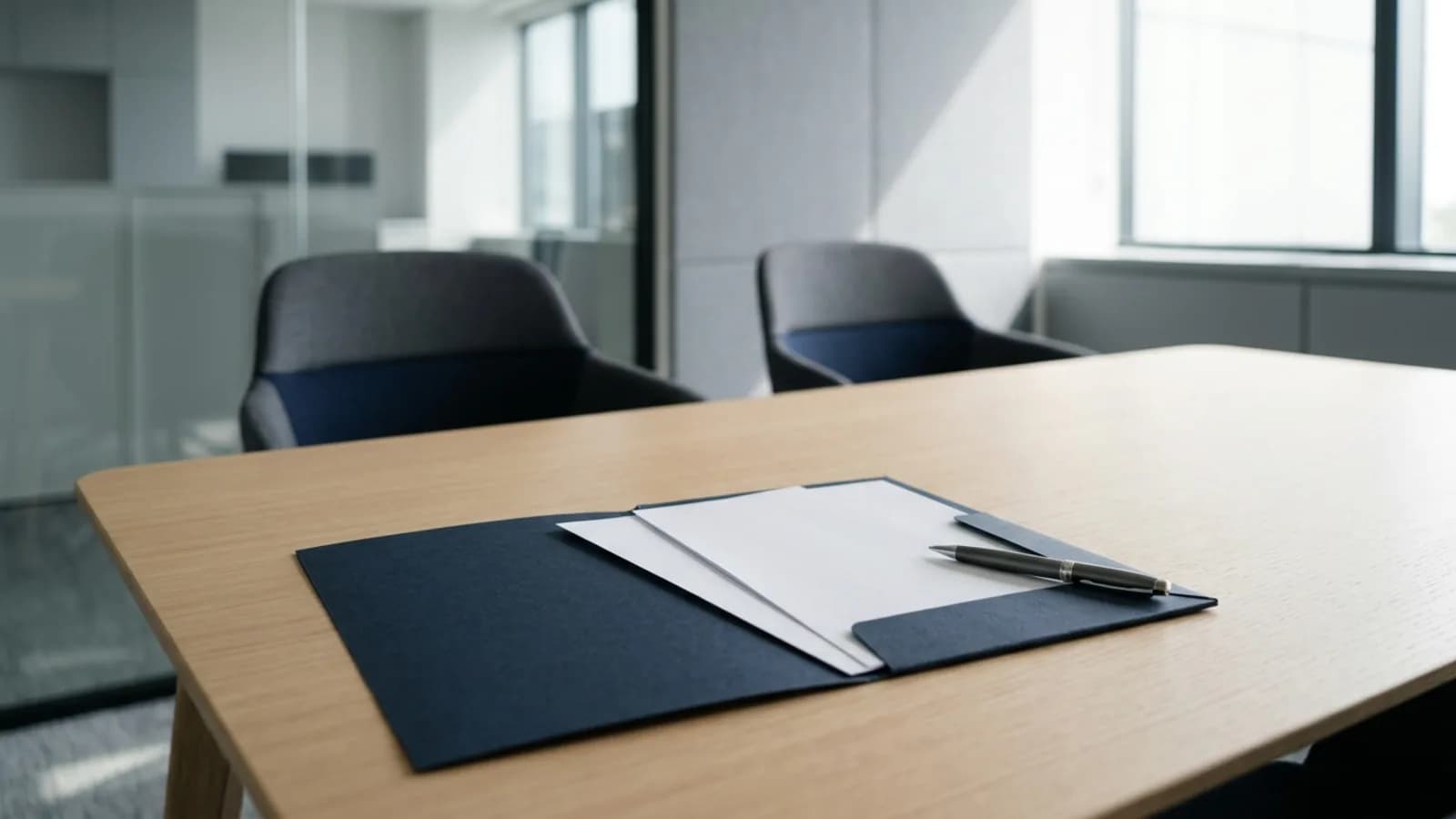 Carpeta con dos copias de un documento y bolígrafo en mesa de reunión: desahucio laboral en Ecuador