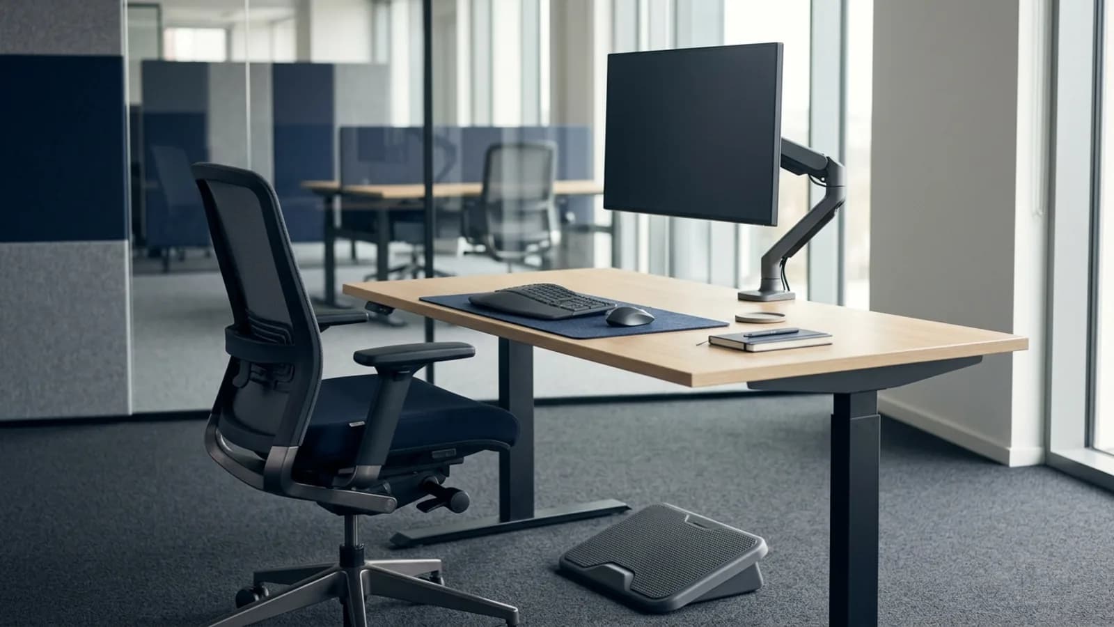 Puesto de trabajo con silla ajustable, monitor a la vista y reposapiés: ergonomía laboral en Ecuador