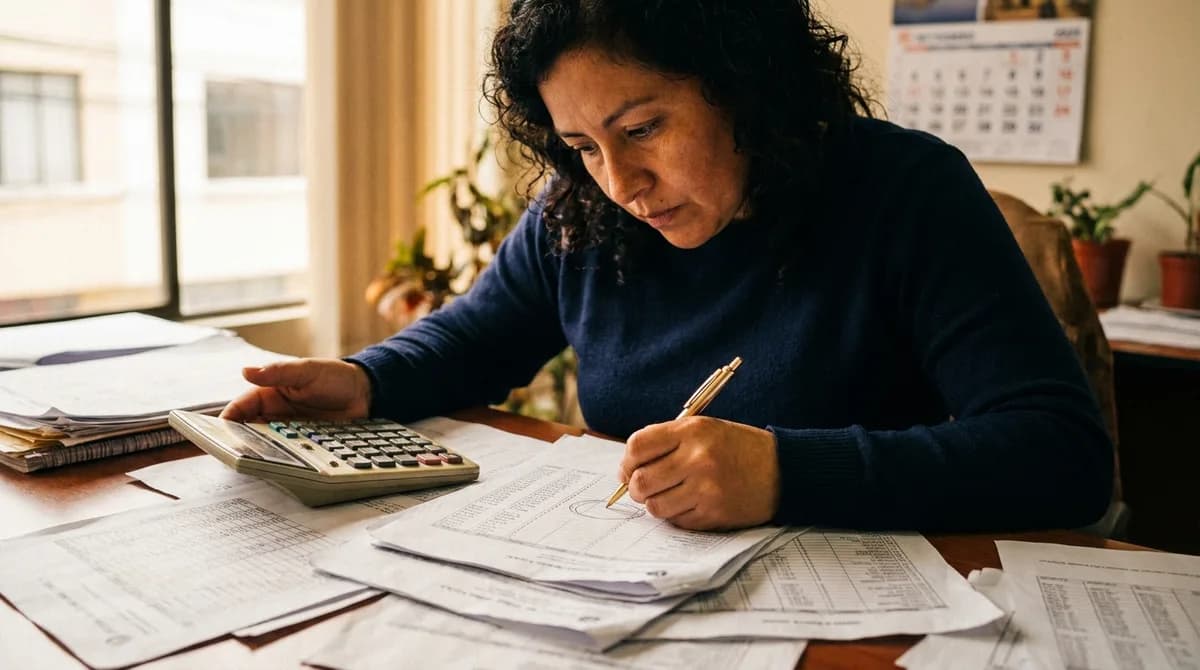 Contador recalcula el reparto de utilidades con calculadora y roles de pago impresos sobre el escritorio.