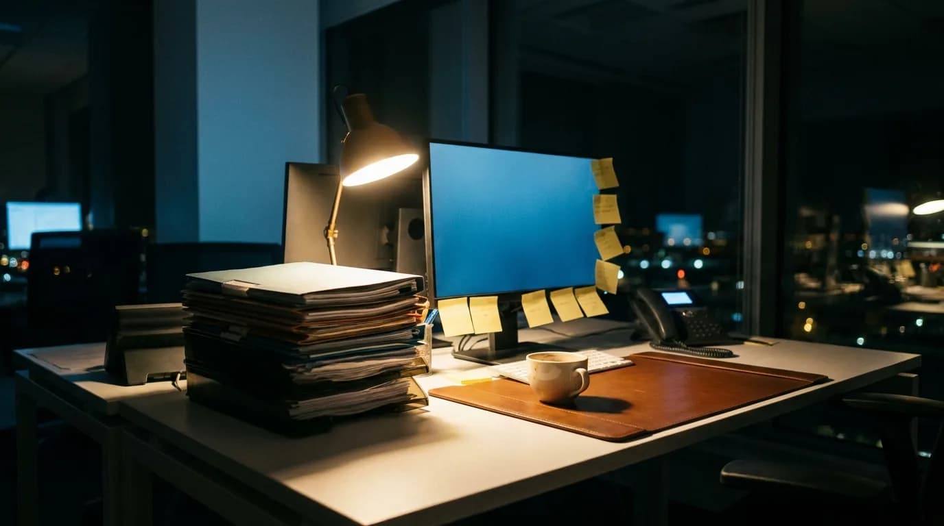 Escritorio en penumbra con el monitor encendido, una pila alta de carpetas y notas adhesivas al final de la jornada.
