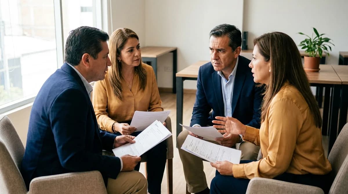 Colaboradores sentados en círculo entregan retroalimentación estructurada con formularios de evaluación en mano.