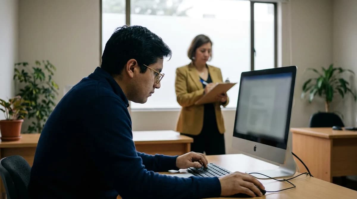Postulante rinde una prueba psicométrica en computador mientras el evaluador supervisa la aplicación.