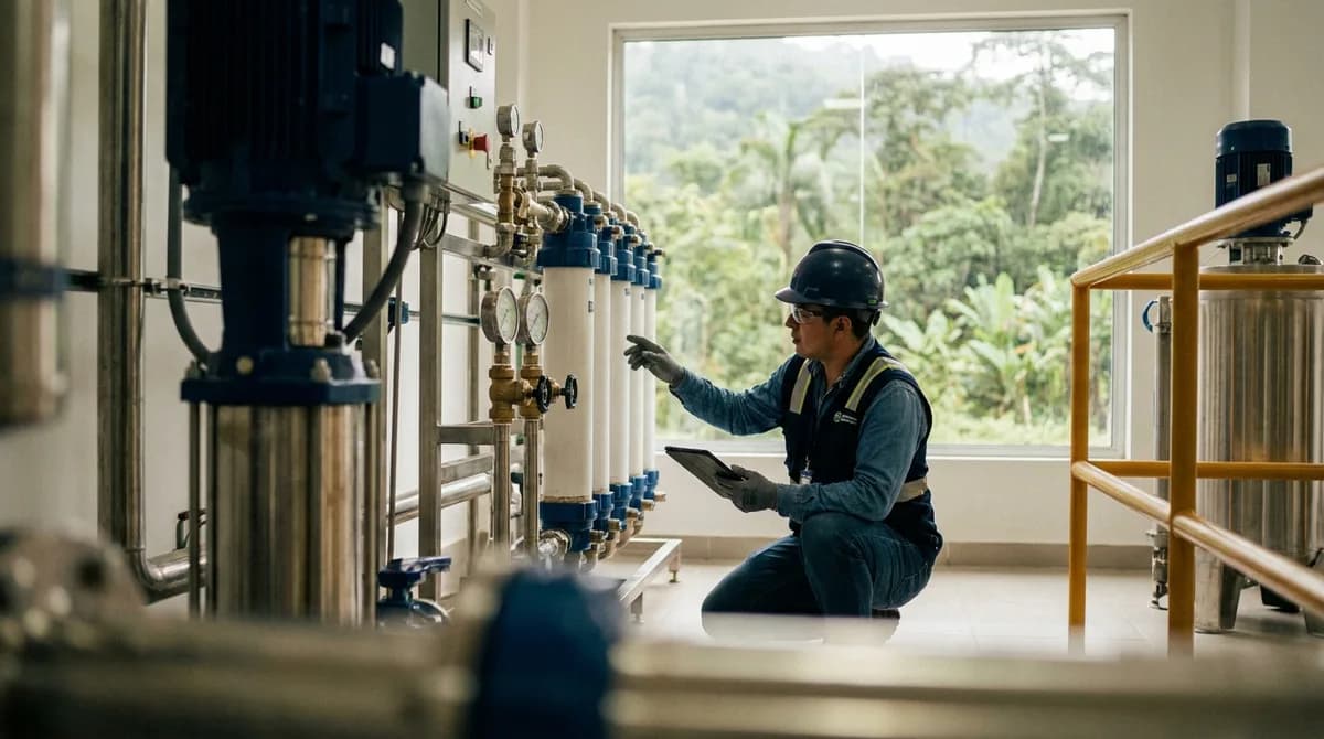 Especialista ambiental con casco inspecciona los puntos de control de emisiones y agua en la planta.
