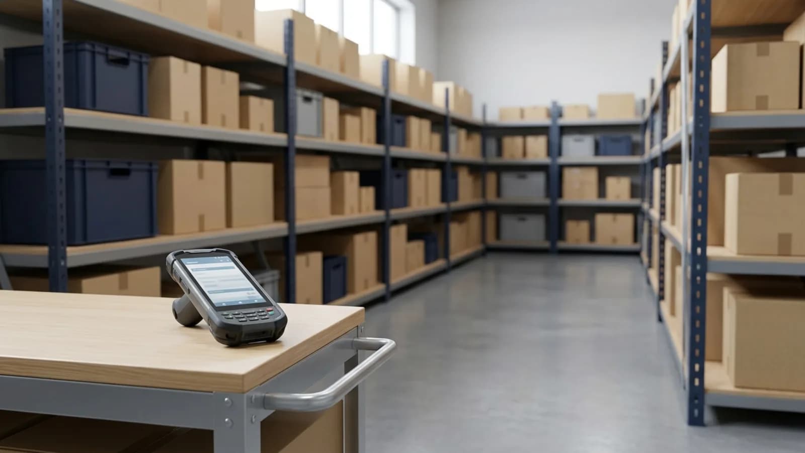 Almacén ordenado con cajas en estanterías y terminal portátil: gestión de inventarios en pymes de Ecuador