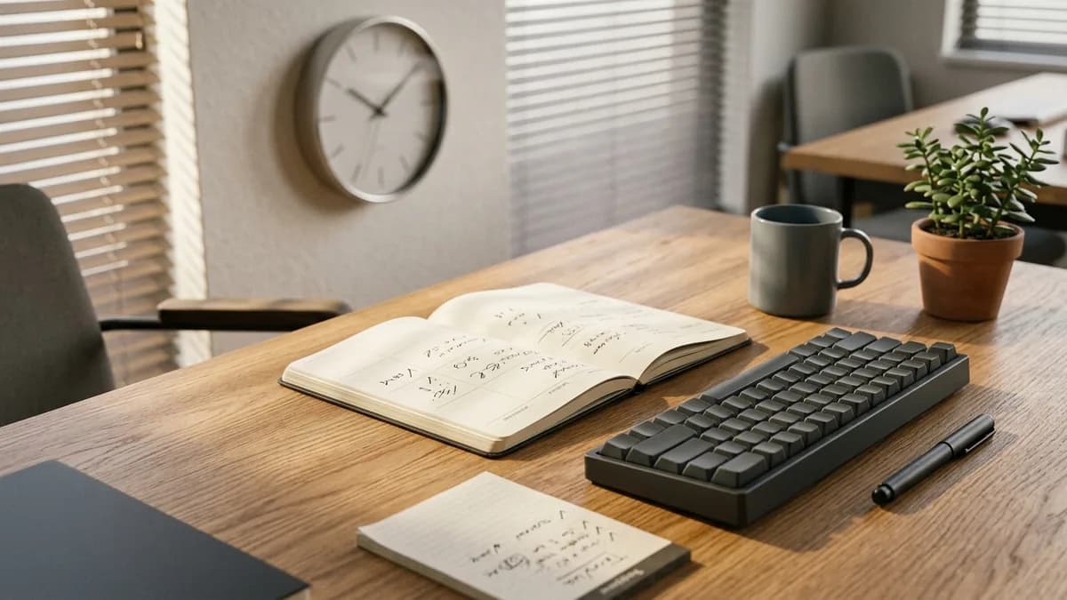 Escritorio ordenado con una agenda semanal abierta, una libreta de tareas y un reloj de pared al fondo