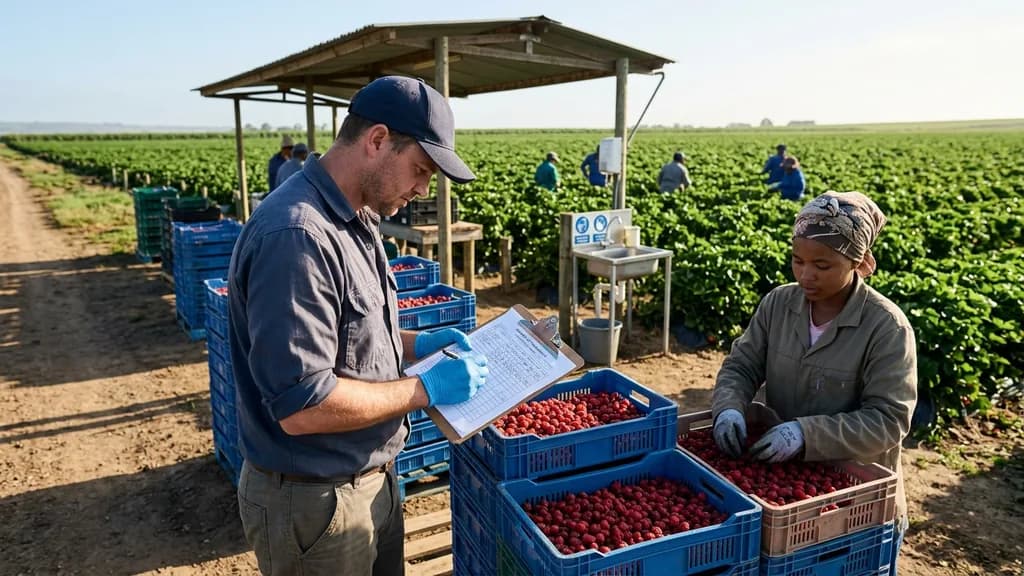 Técnico agrícola registrando la trazabilidad por lote de la fruta cosechada en una finca de exportación certificada en buenas prácticas agrícolas
