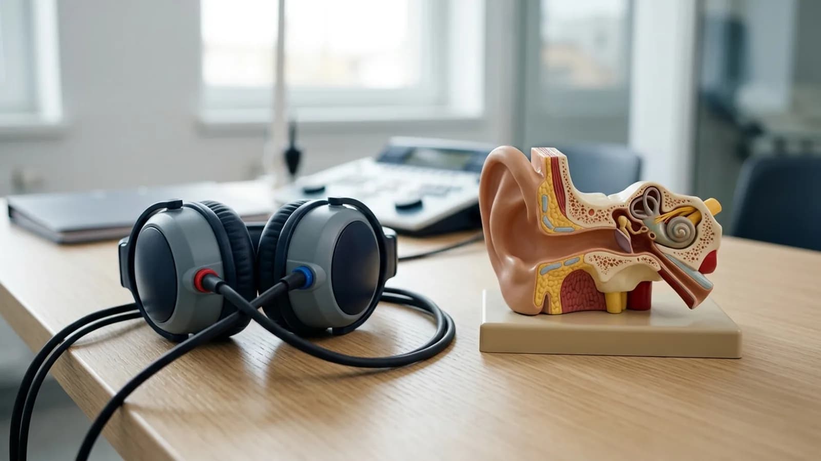 Auriculares de audiometría junto a un modelo anatómico del oído: hipoacusia laboral en Ecuador