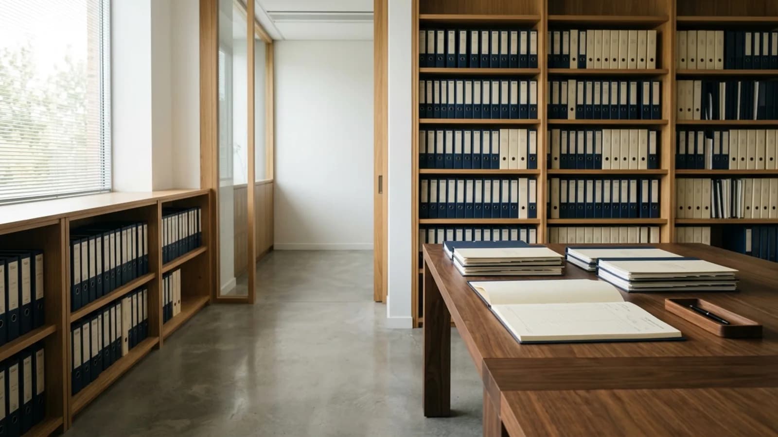 Archivo empresarial con carpetas cronológicas y expedientes sobre una mesa de consulta