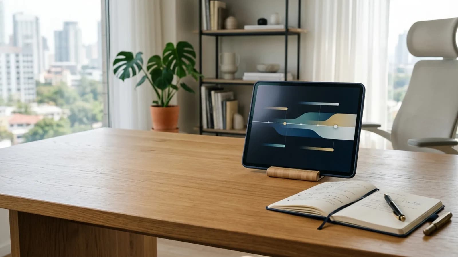 Tableta con una línea temporal de aportaciones junto a un cuaderno en una mesa de estudio