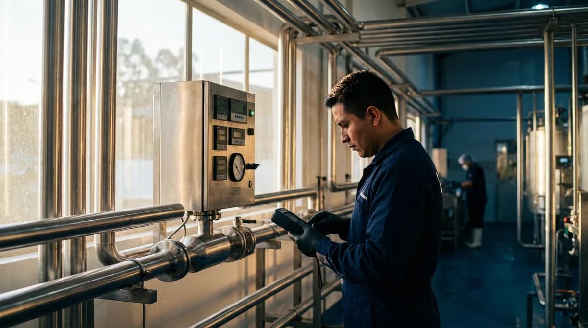 Técnico mide el consumo de agua en el caudalímetro de acero inoxidable de la planta de proceso.