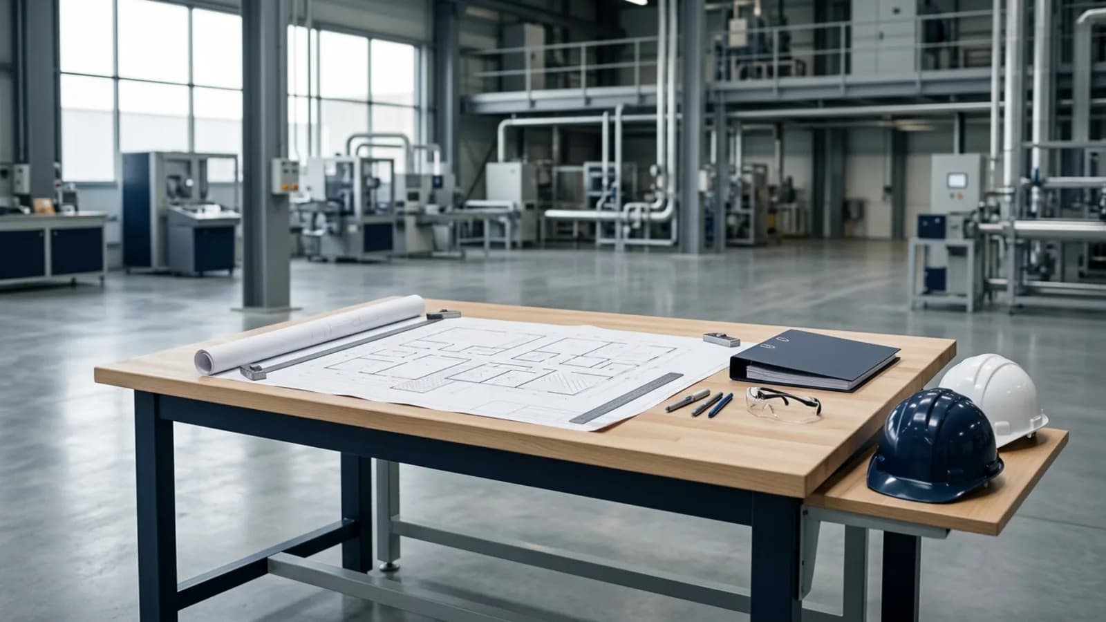Plano y carpeta de gestión sobre una mesa en planta industrial: certificación ISO 45001 en Ecuador