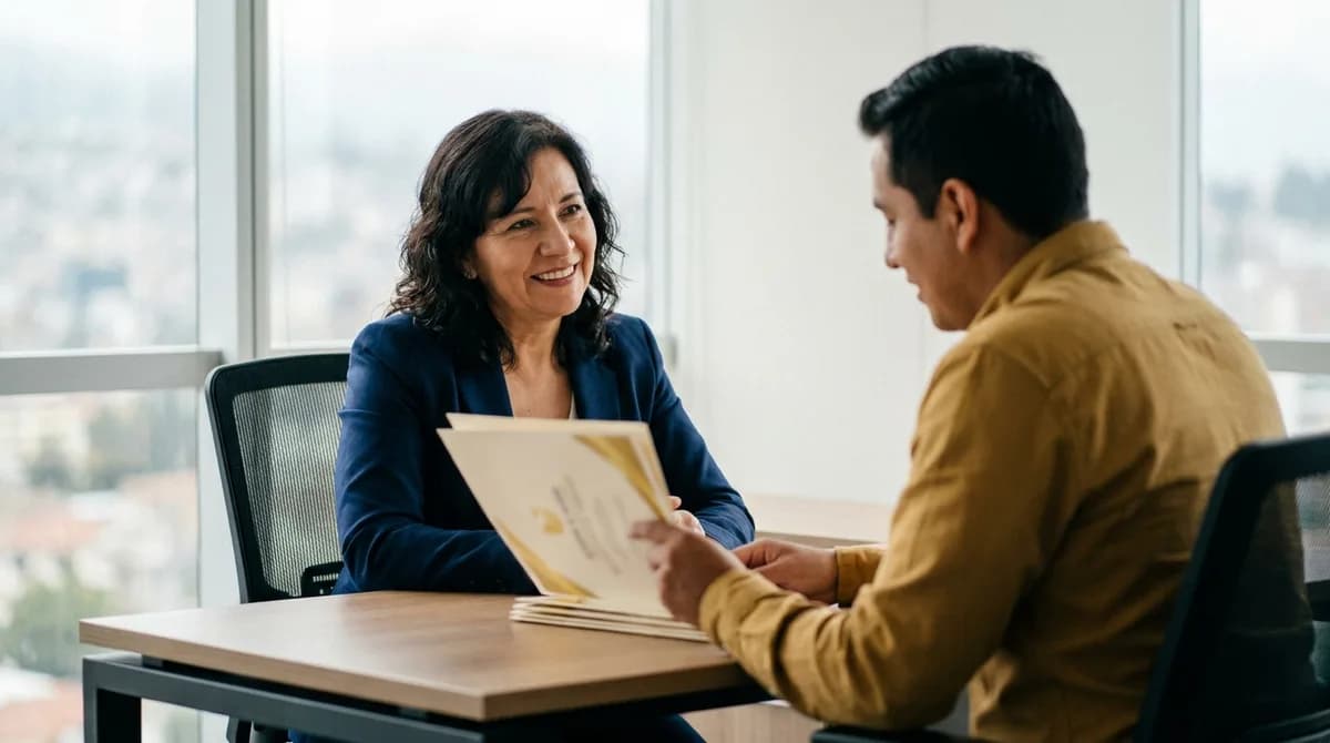 Directora de talento humano revisa con un gerente el resumen impreso del incremento salarial anual.