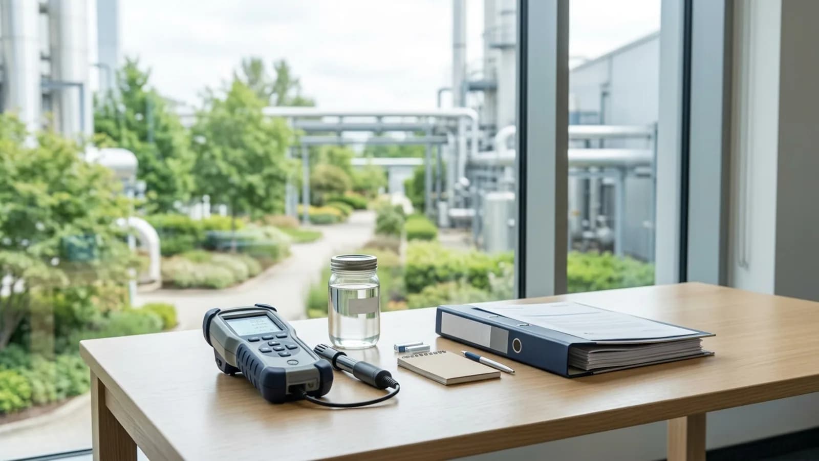 Medidor portátil, muestra de agua y carpeta frente a un jardín industrial: ISO 14001 en Ecuador