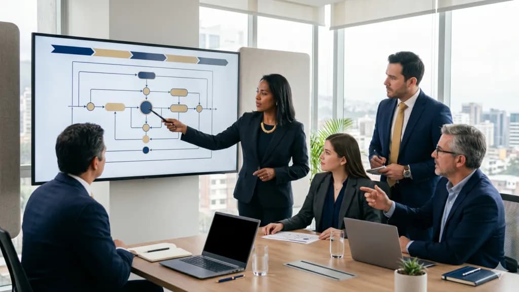Equipo de calidad revisando los requisitos de la norma ISO 9001 versión 2015