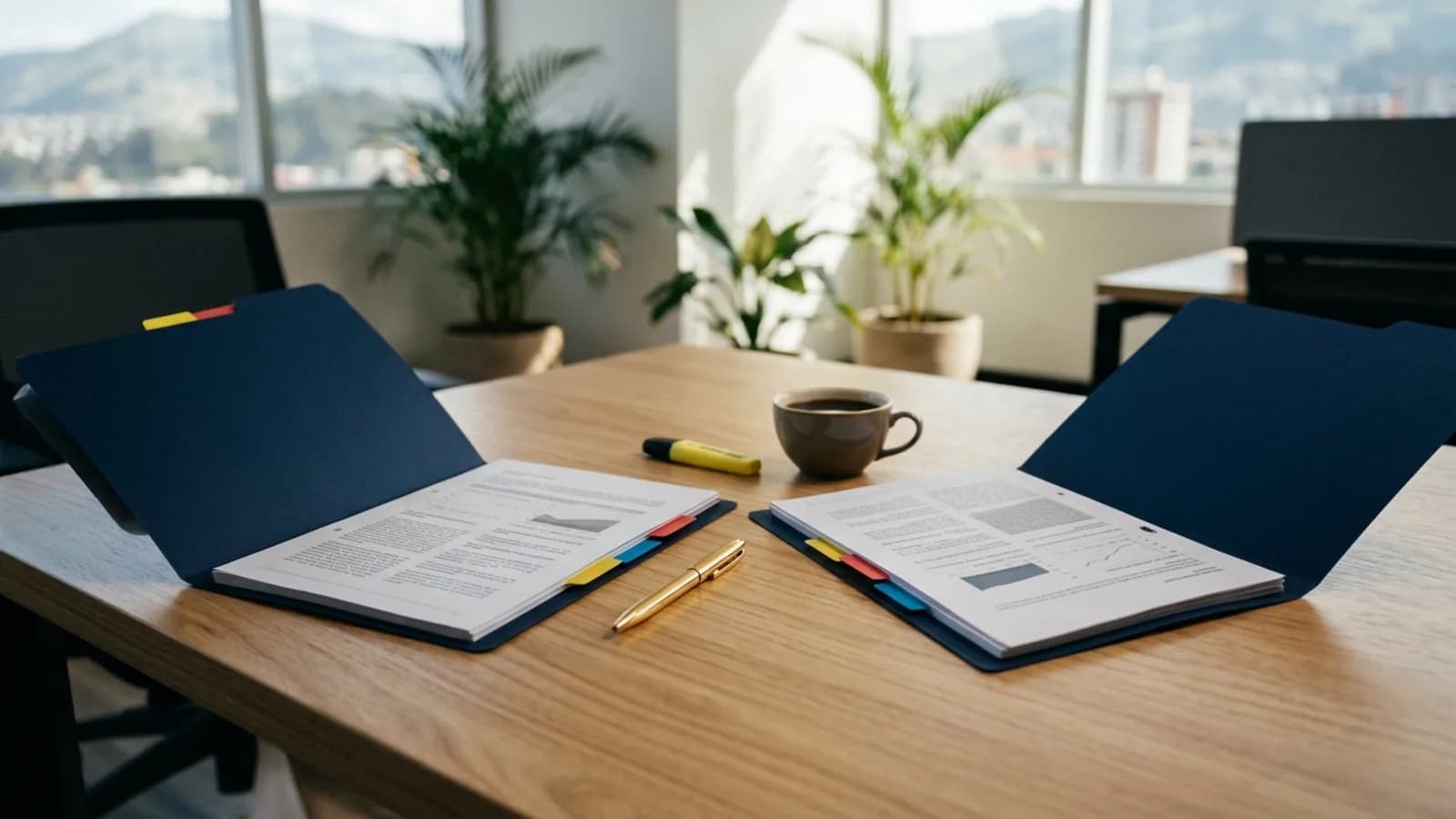 Escritorio con dos carpetas de un sistema de gestión de calidad abiertas una junto a otra para compararlas: ISO 9001:2026 frente a ISO 9001:2015