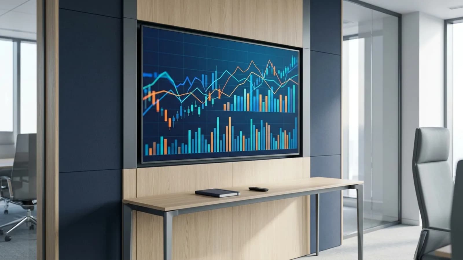 Pantalla de sala de gestión con gráficos de líneas y barras: KPI e indicadores de gestión en Ecuador
