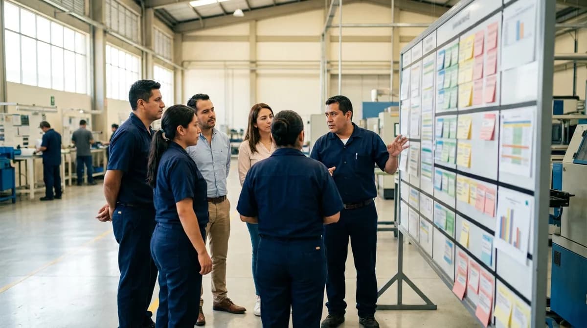 Equipo de mejora continua analiza el flujo de producción en un tablero visual dentro de la planta.