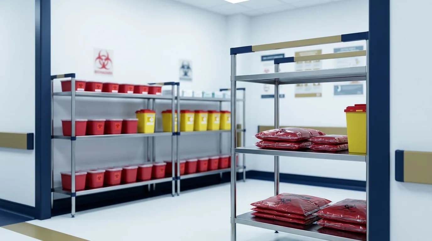 Área de almacenamiento temporal de desechos hospitalarios con recipientes rojos, contenedores de cortopunzantes y fundas rojas selladas en estanterías de acero.